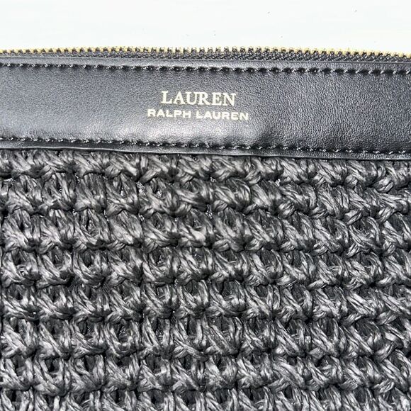LRL Black Gold Tone Raffia Paper Straw Woven Faux Leather Clutch - Picture 4 of 8